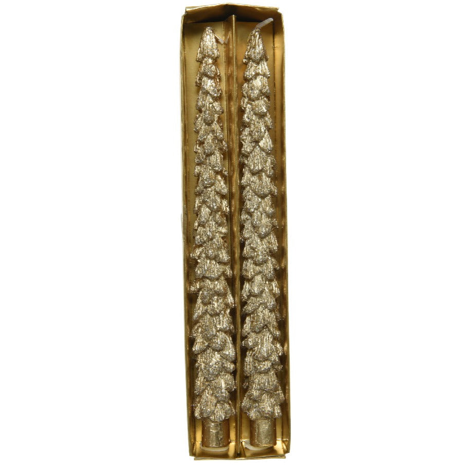 Set of 2 Gold Metallic Tree Dinner Candles