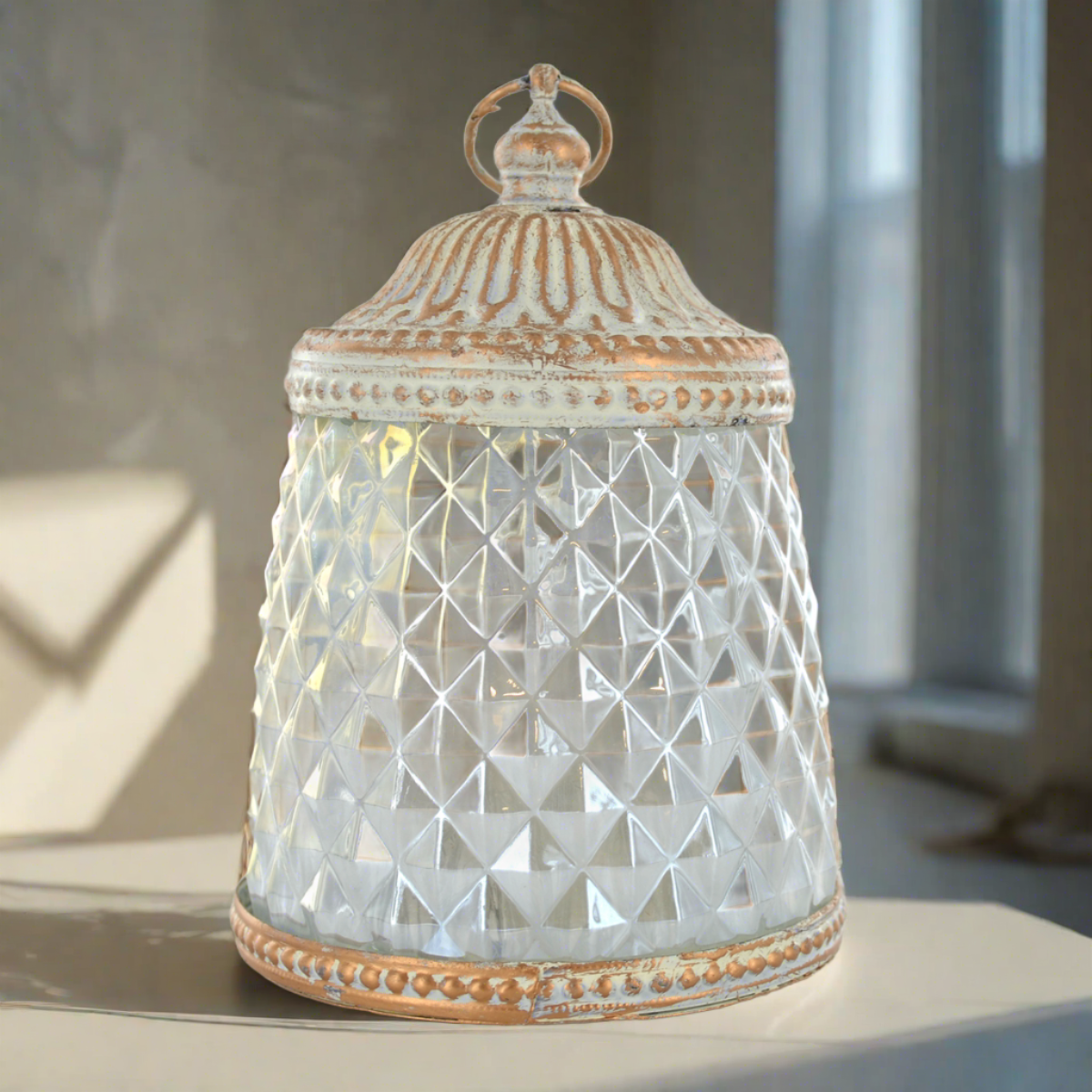 Small Vintage Style White Iridescent Glass LED Lantern