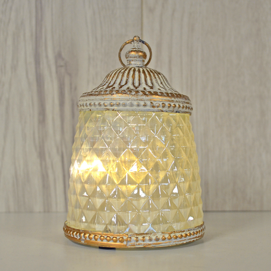 Small Vintage Style White Iridescent Glass LED Lantern
