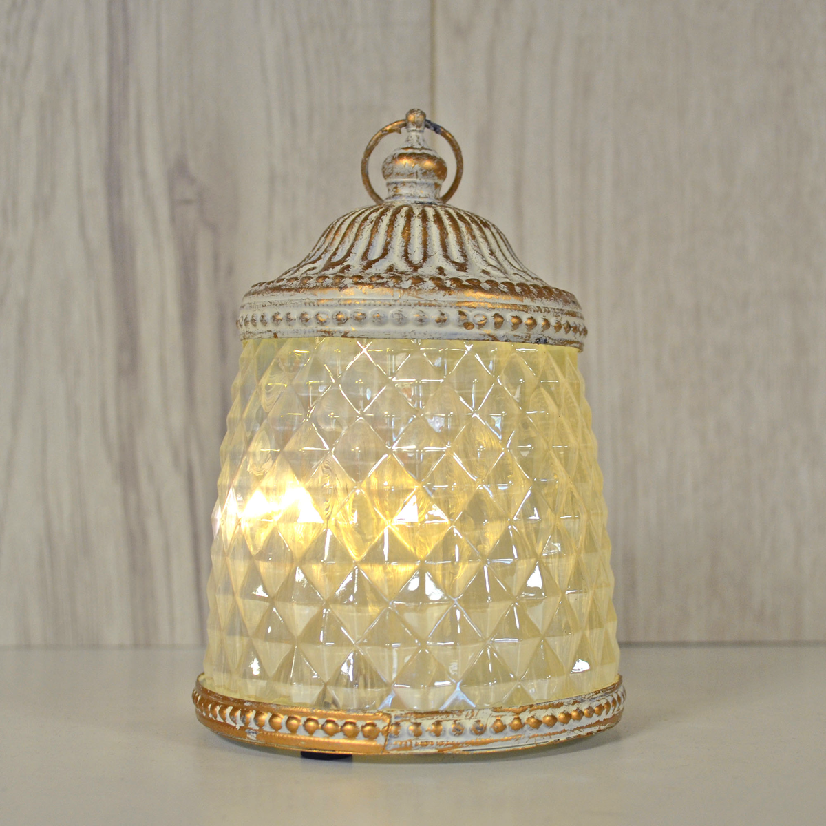 Small Vintage Style White Iridescent Glass LED Lantern