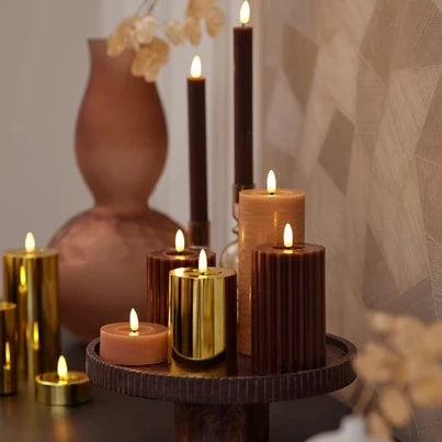 Light Brown LED Wick Carved Wax Candle with Melted Top 14.8cm x 7.5cm