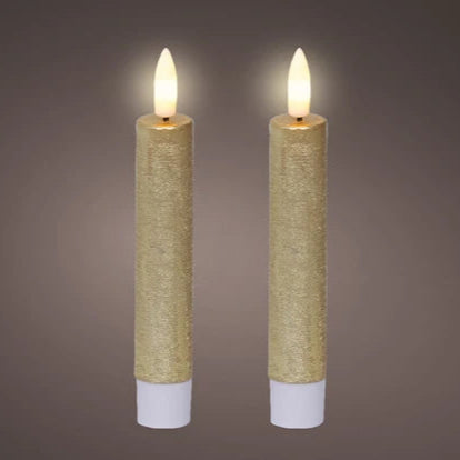 Set of 2 Gold LED Wick Flat Top Wax Dinner Candle 14.5cm