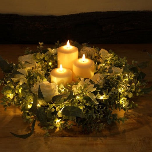 Artificial Floral Parasol Wreath with Warm White LED's