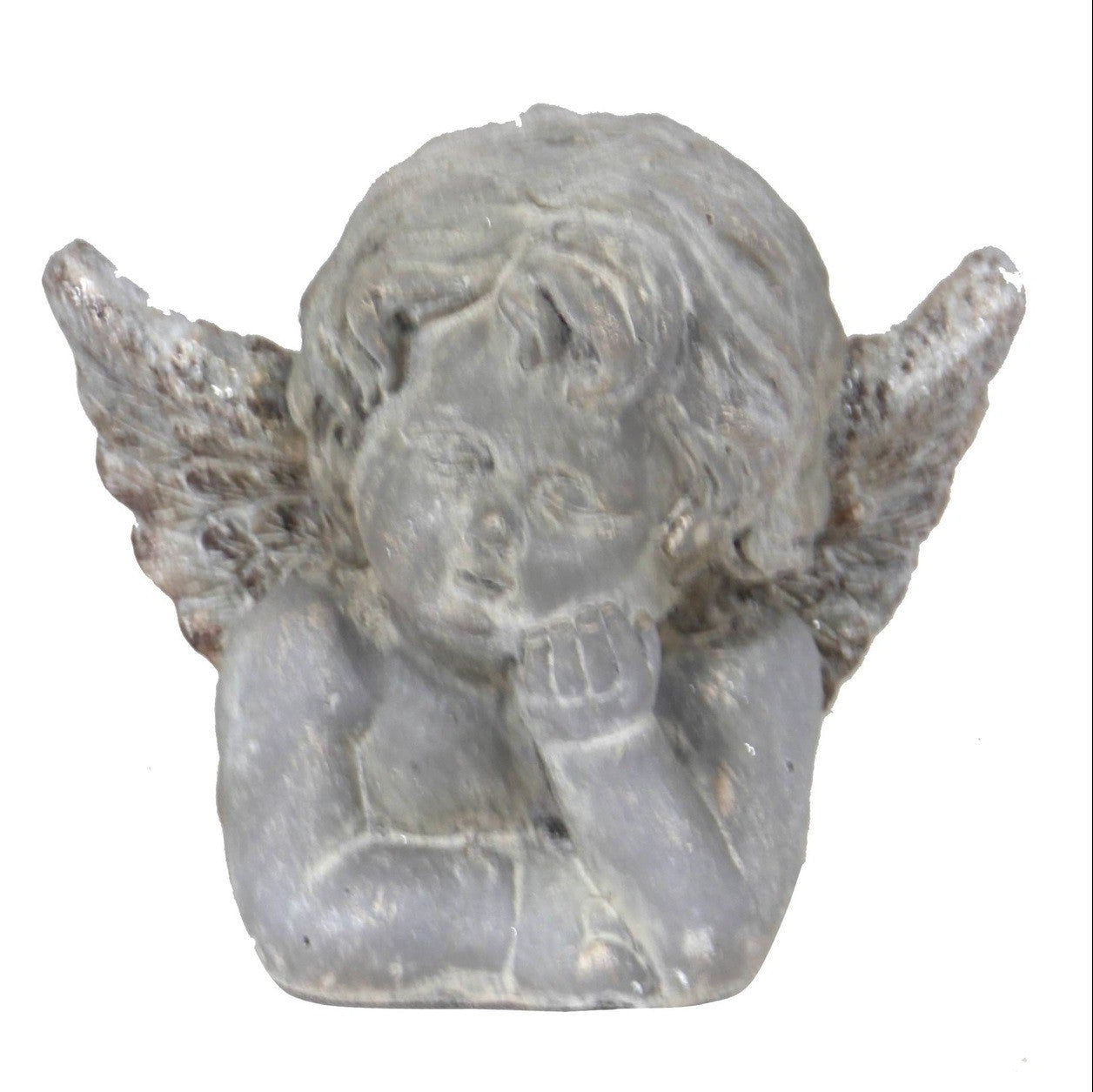 A gray stone garden ornament of an angel with closed eyes and outstretched wings.