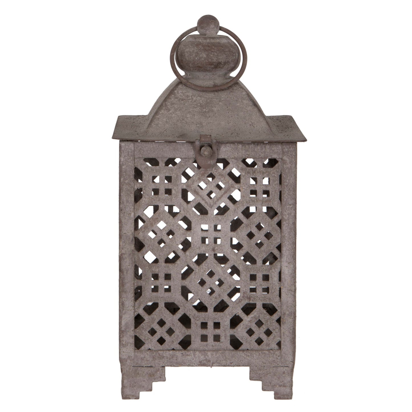 Decorative metal lantern with intricate cut-out patterns on a white background