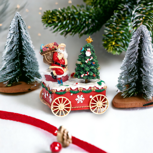 Santa With Tree on Cart Christmas Music Box
