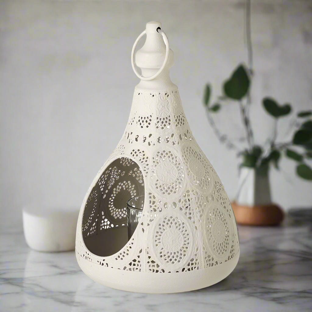 Ornate White Metal Tea Light Lantern