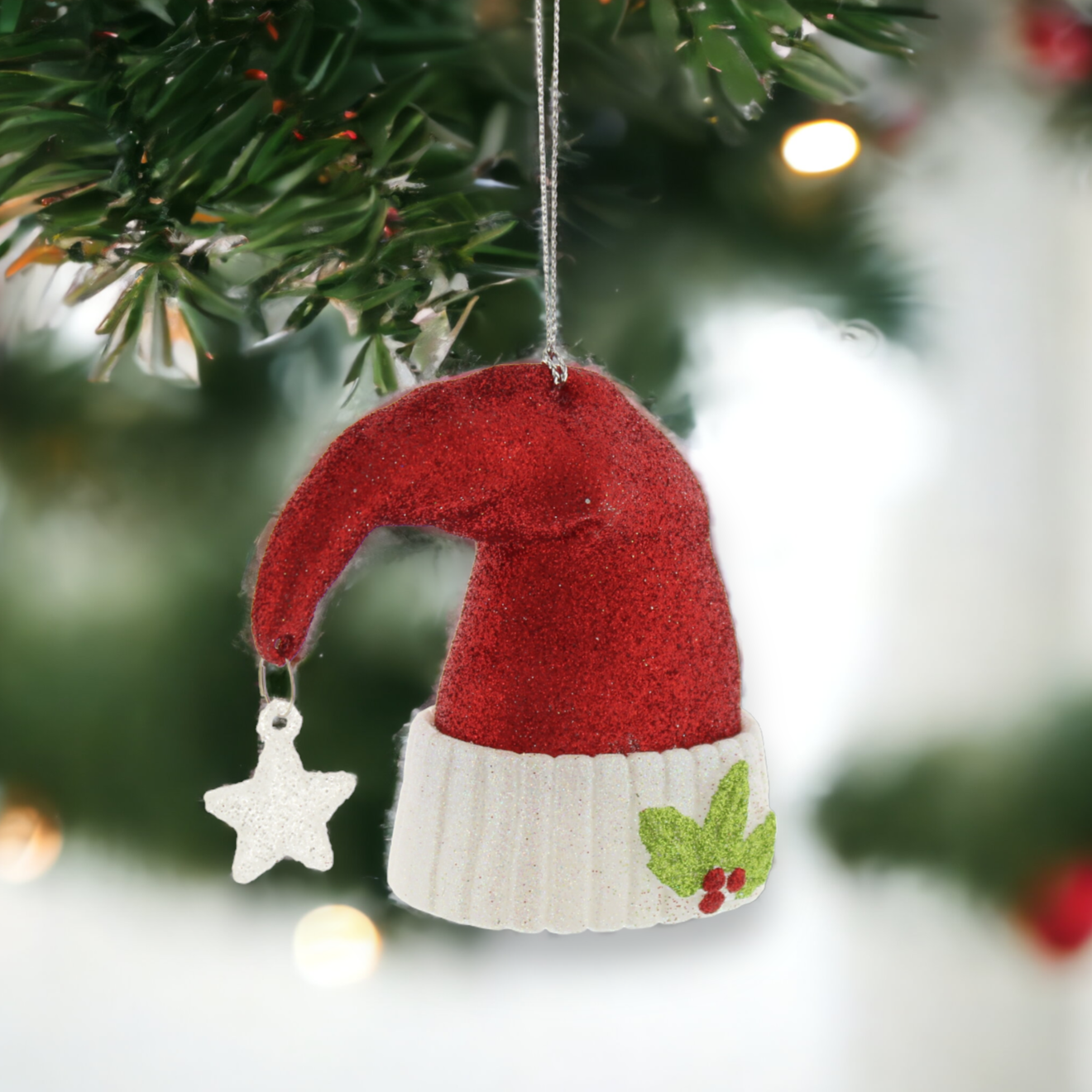 Red Glitter Santa Hat Christmas Bauble 9cm