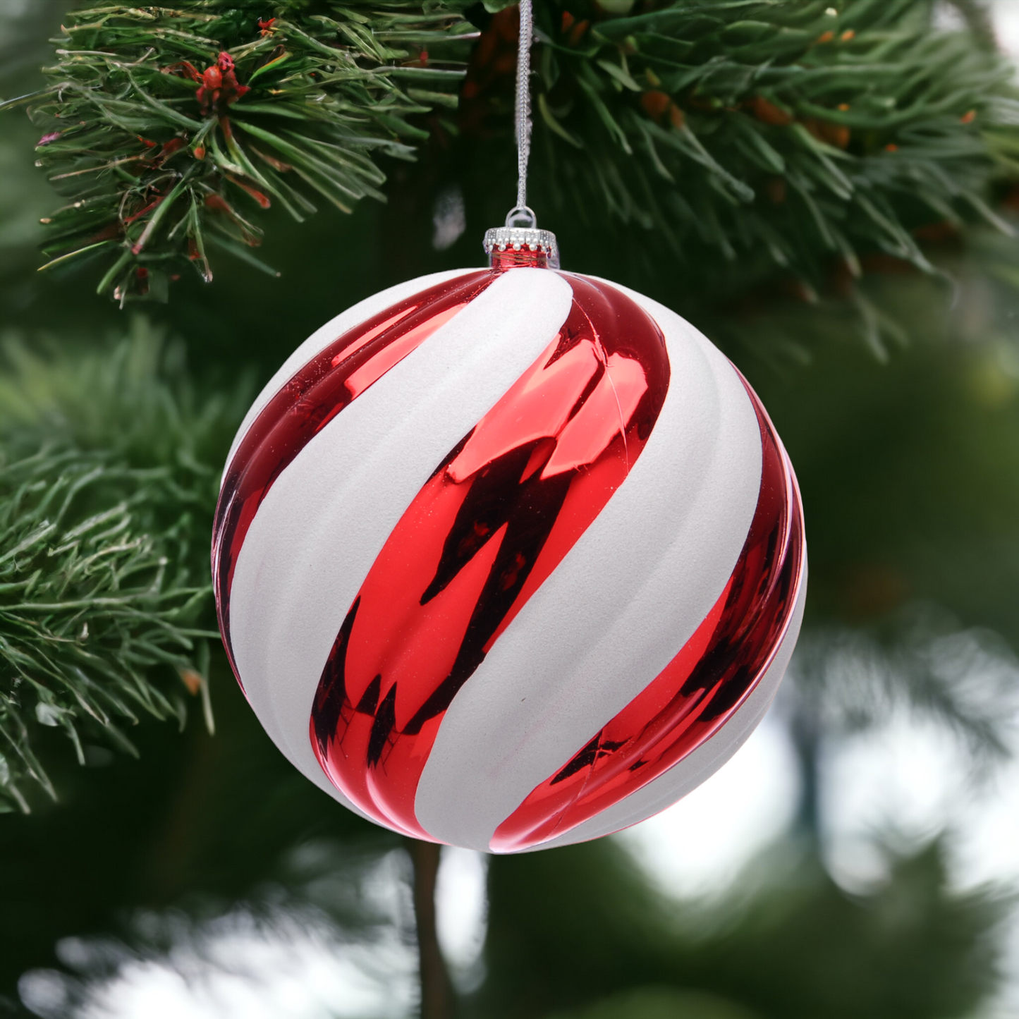 Red shiny and white glitter striped bauble with a silver wire hanging from a green Christmas tree branch