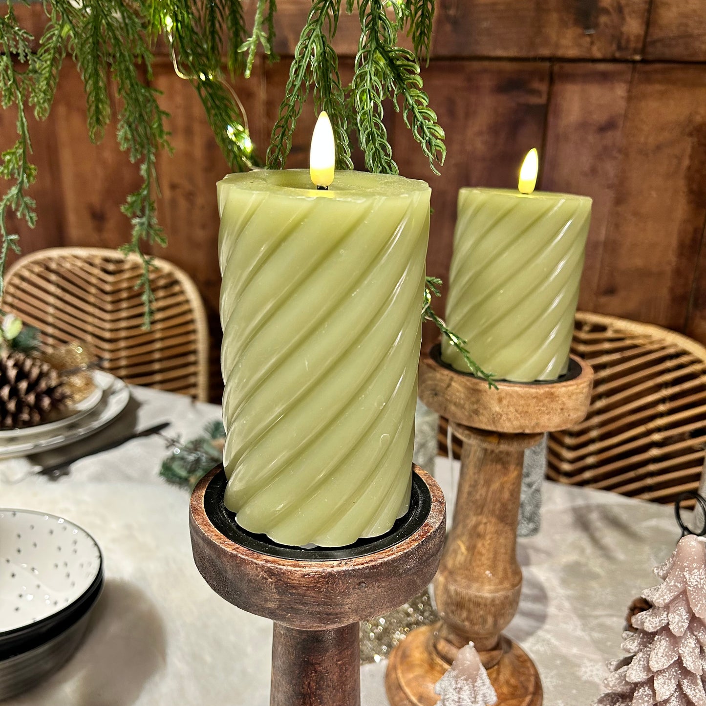 Green LED Wick Twisted Wax Candle with Melted Top 17.3cm x 7.5cm