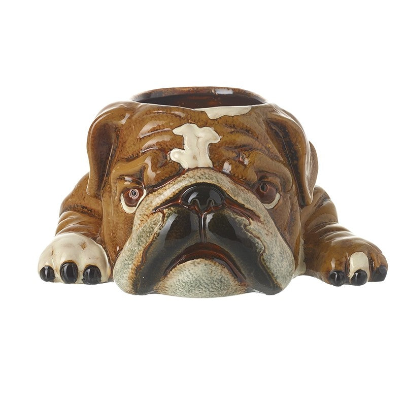 A ceramic planter designed to resemble a British Bulldog with a plant pot insert on top.