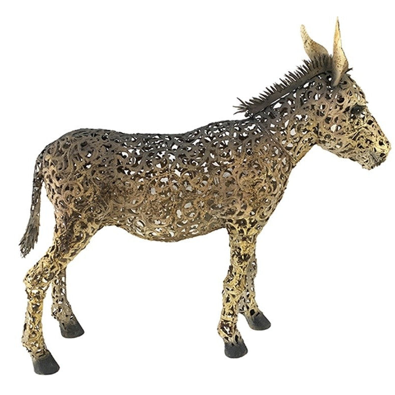 Decorative metal donkey sculpture on a white background