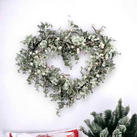 Christmas Green and White Berry Heart Wreath