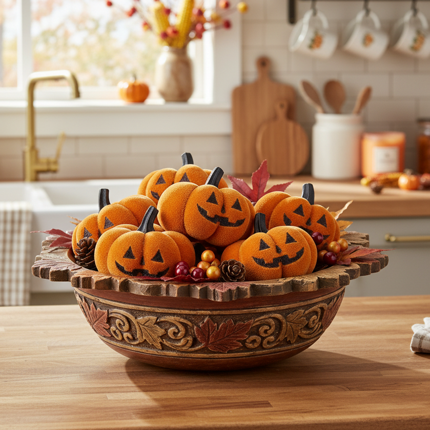 Set of 6 Velvet Halloween Pumpkins with Faces