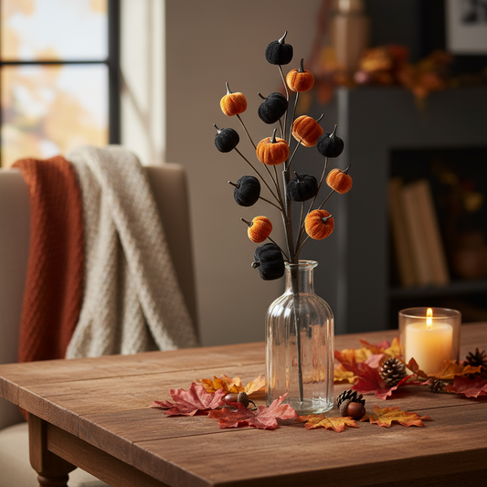 Halloween Black and Orange Velvet Pumpkin Branch