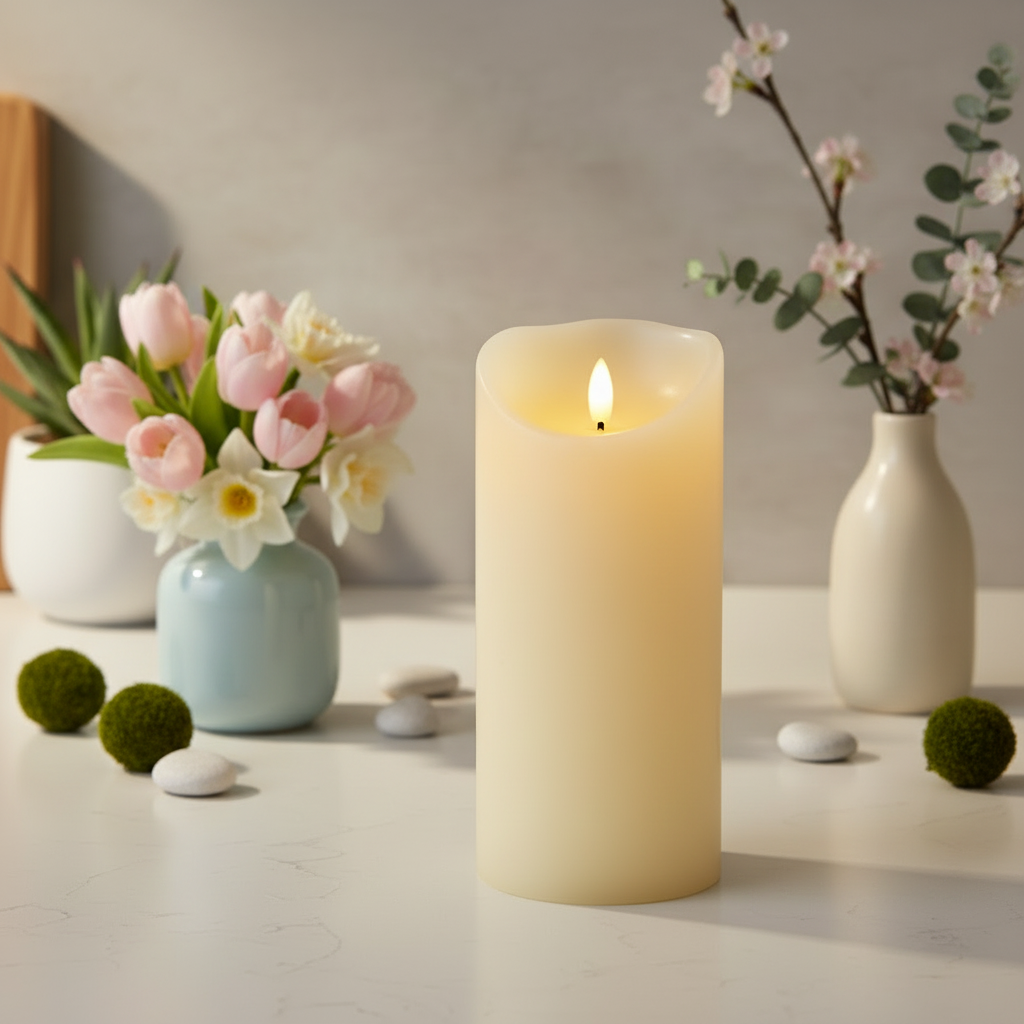 A cream-colored candle with a real flame effect, placed on a wooden surface next to some green olives, with a blurred background.