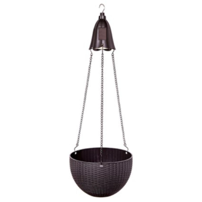 Black woven hanging planter with metal chain and hook on a white background