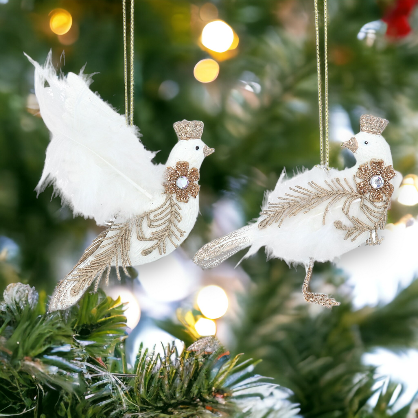 Set of 2 Cream and Gold Dove Hanging Decoration