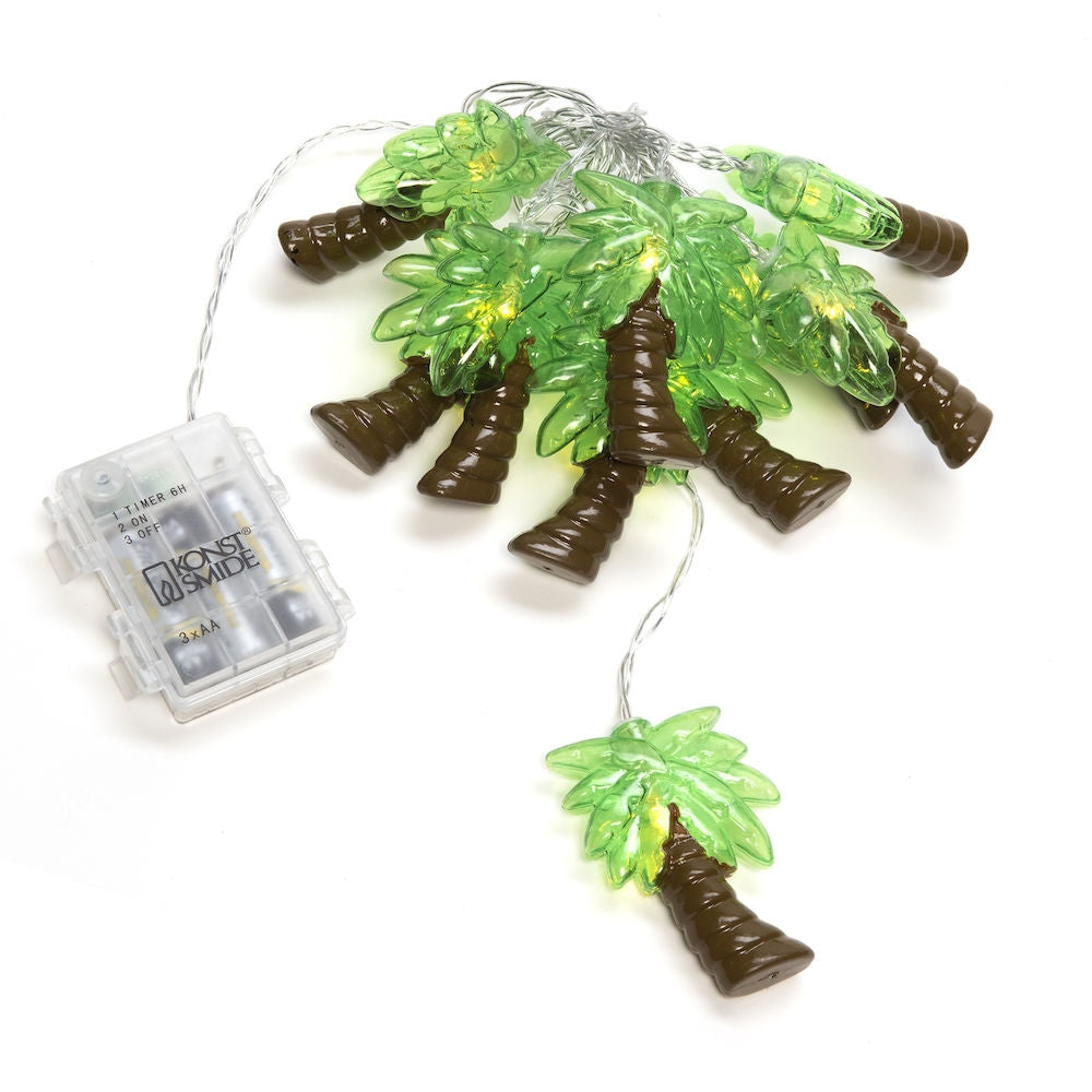 palm tree lights with the LED's on lay out on a plain white background in a cluster with the battery box in the image to show they are battery operated