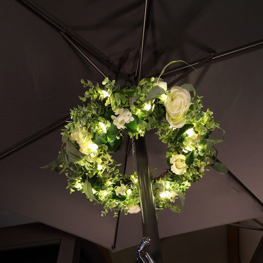 Artificial Floral Parasol Wreath with Warm White LED's