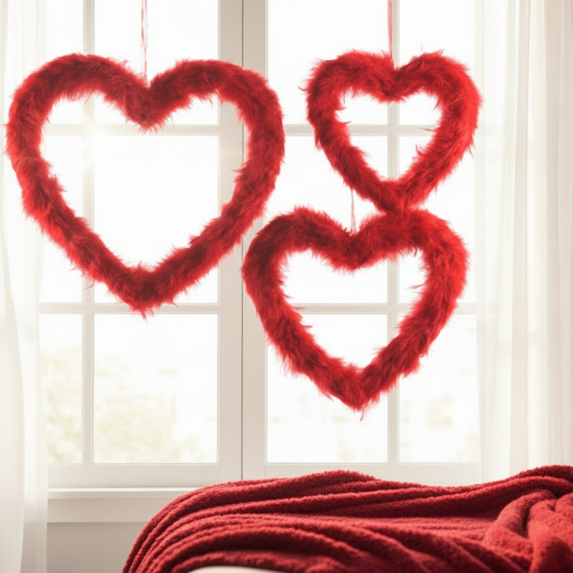 Set of 3 Hanging Red Feather Hearts