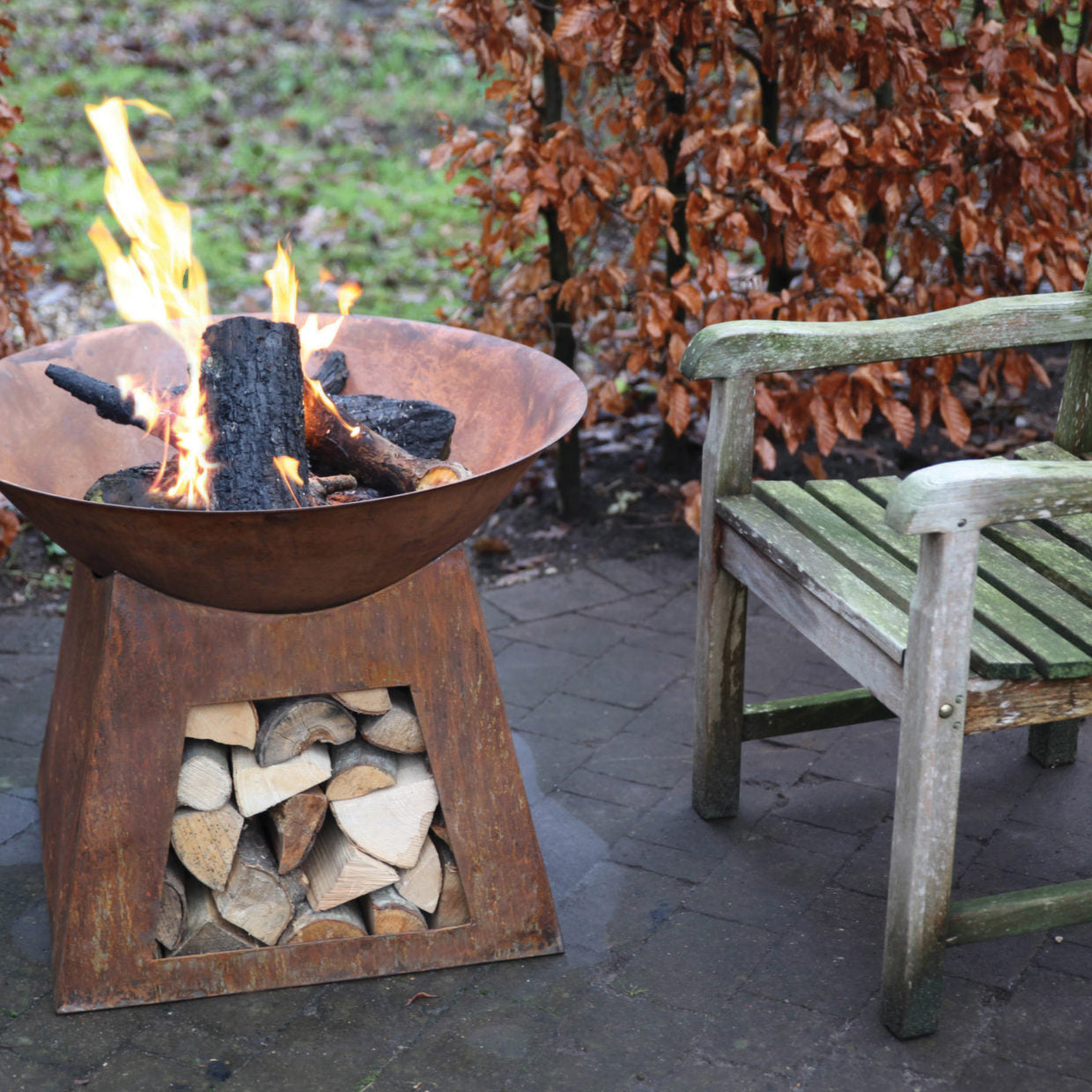 Rust Fire Pit Bowl with Wood Store