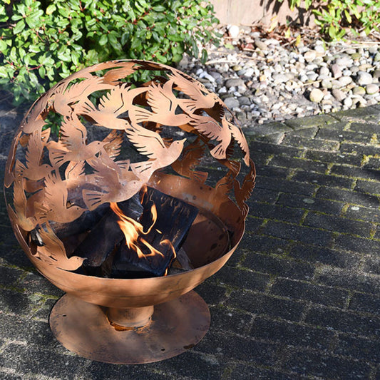 Fallen Fruits Fire Pit Globe with Laser Cut Bird Design