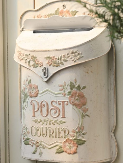 White Metal Post Box with Flower Decoration