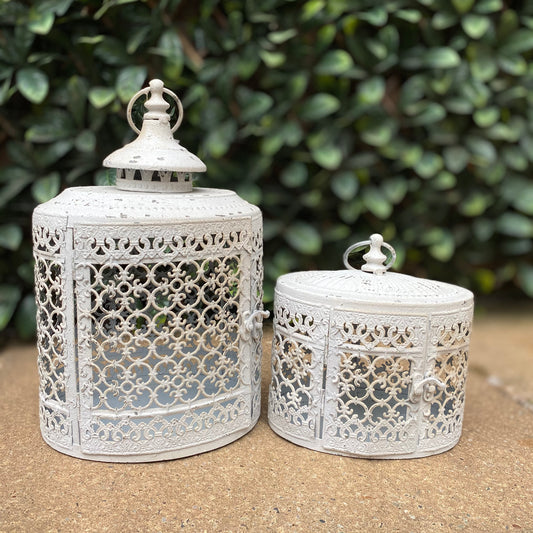 Set of 2 Antique White Oval Moorish Lanterns