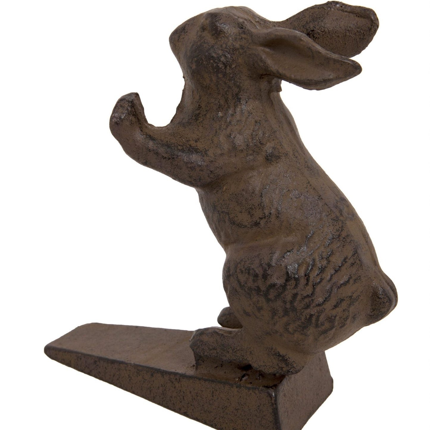 A vintage style rabbit door stop made of solid iron with an aged effect rustic patina.