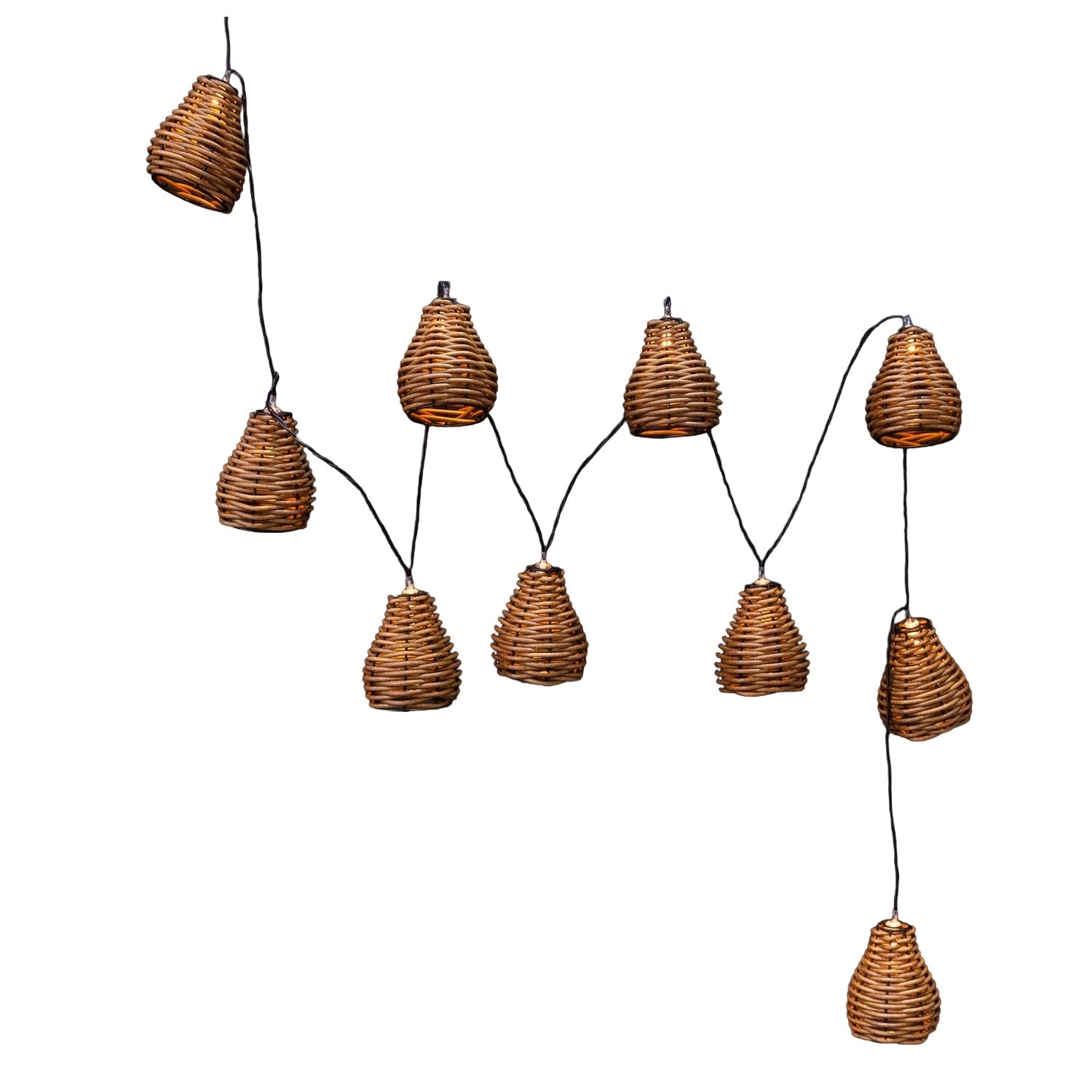 Set of wicker lanterns hanging from strings on a white background