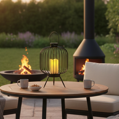 Outdoor setting with a wooden table, candlelit lantern, and chairs by a fire pit.