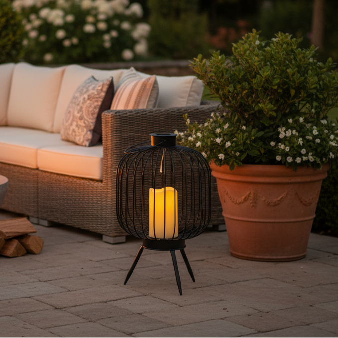Outdoor setting with a candle lantern, potted plant, and patio furniture.