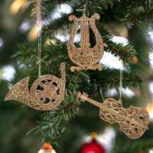 Load image into Gallery viewer, Set of 3 Old Gold Filigree instruments Christmas Tree Decoration
