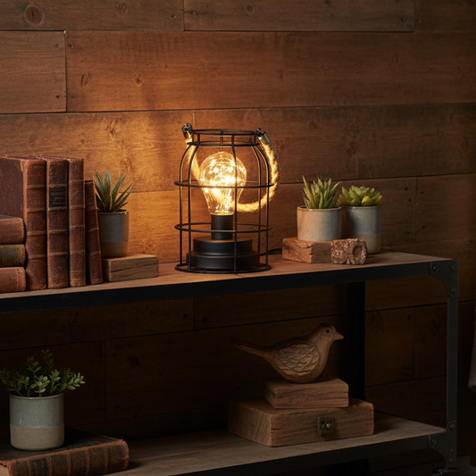 Black Round Metal Frame Lantern Battery Operated with Amber LED Bulb