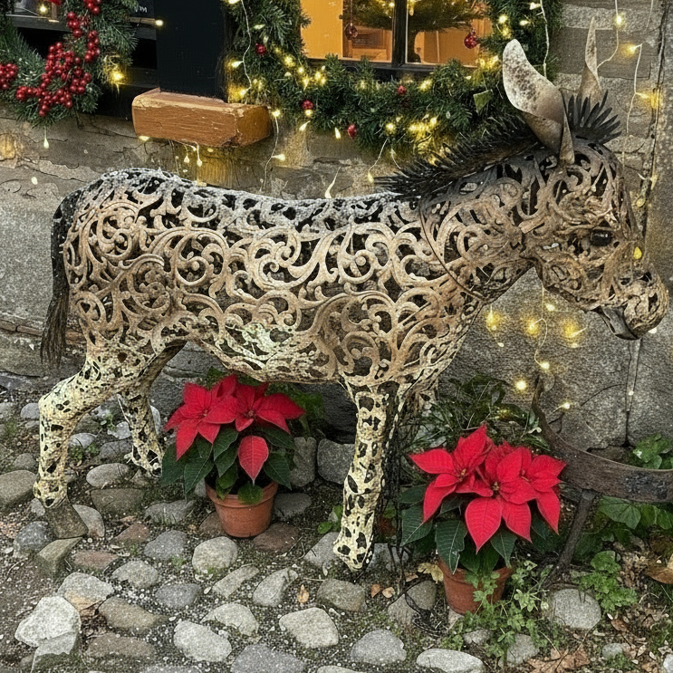 Decorative metal donkey sculpture with Christmas decorations in a festive outdoor setting.