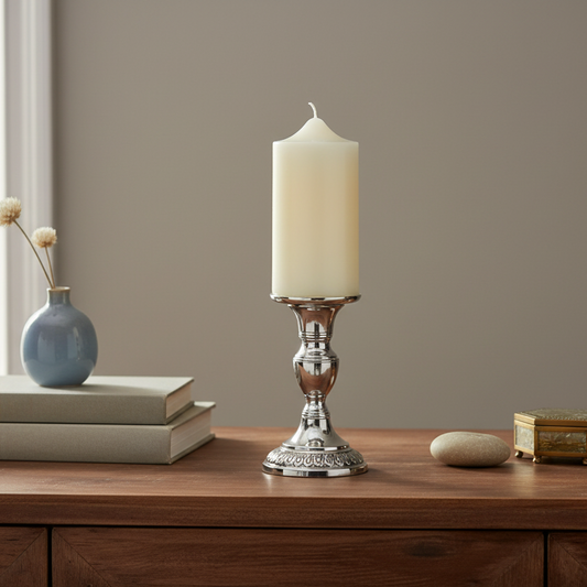 A cream-colored paraffin wax church candle with a label depicting other candles and the brand 'Ceremonial'.