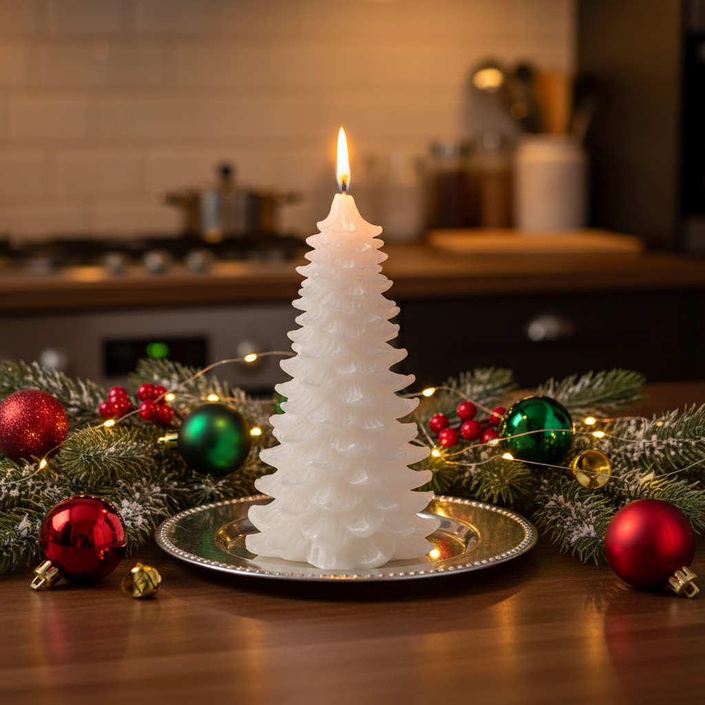 Metallic Winter White Christmas Tree Candle 21cm