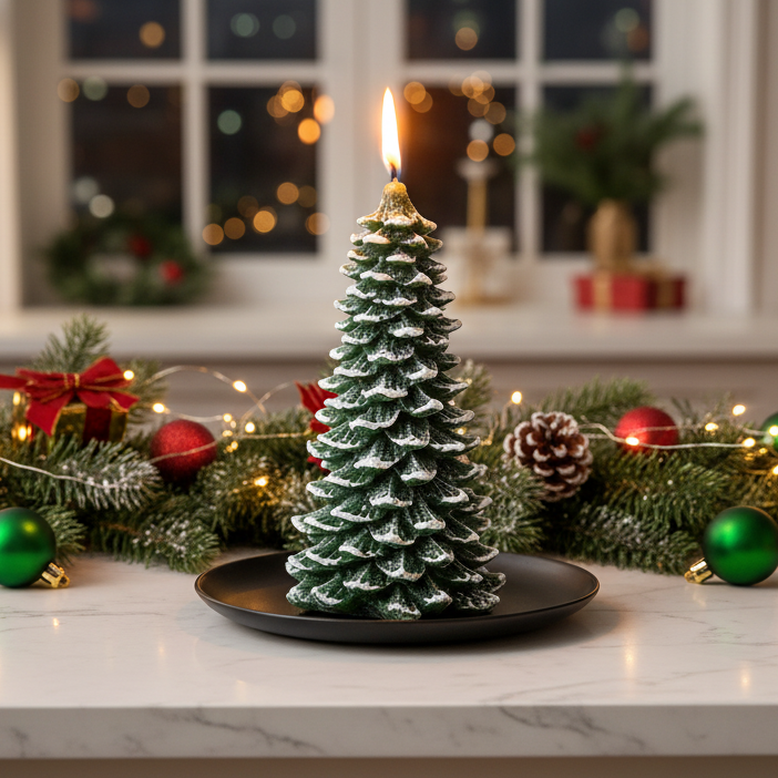 Green Snowy Christmas Tree Candle 21cm