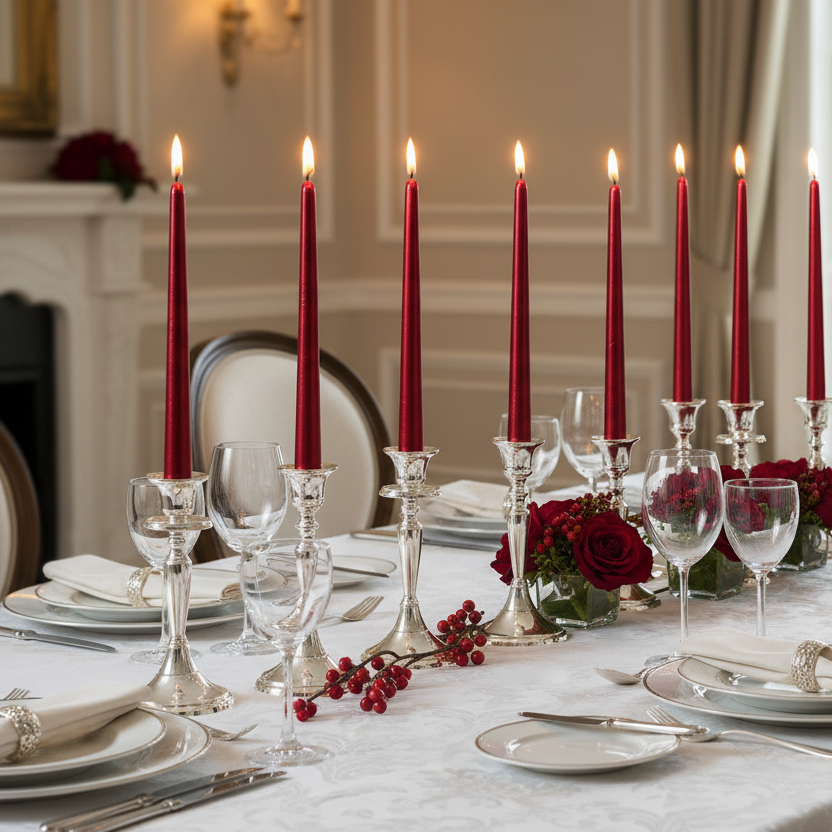 Pack of 12 Metallic Red Wax Dinner Candles