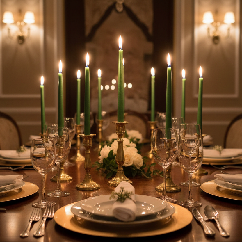 Pack of 12 Metallic Green Wax Dinner Candles