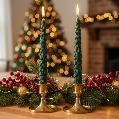 Set of 2 Green Metallic Tree Dinner Candles
