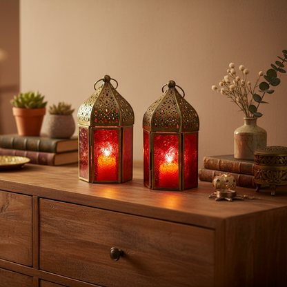 Moroccan Style Red Set Of 2 Small Lanterns