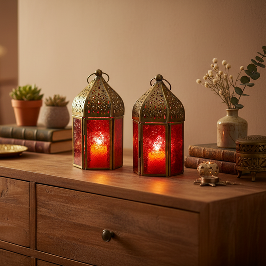 Moroccan Style Red Set Of 2 Small Lanterns
