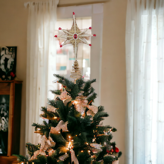 Christmas Gold Star with Beading and Red Jewel Tree Topper