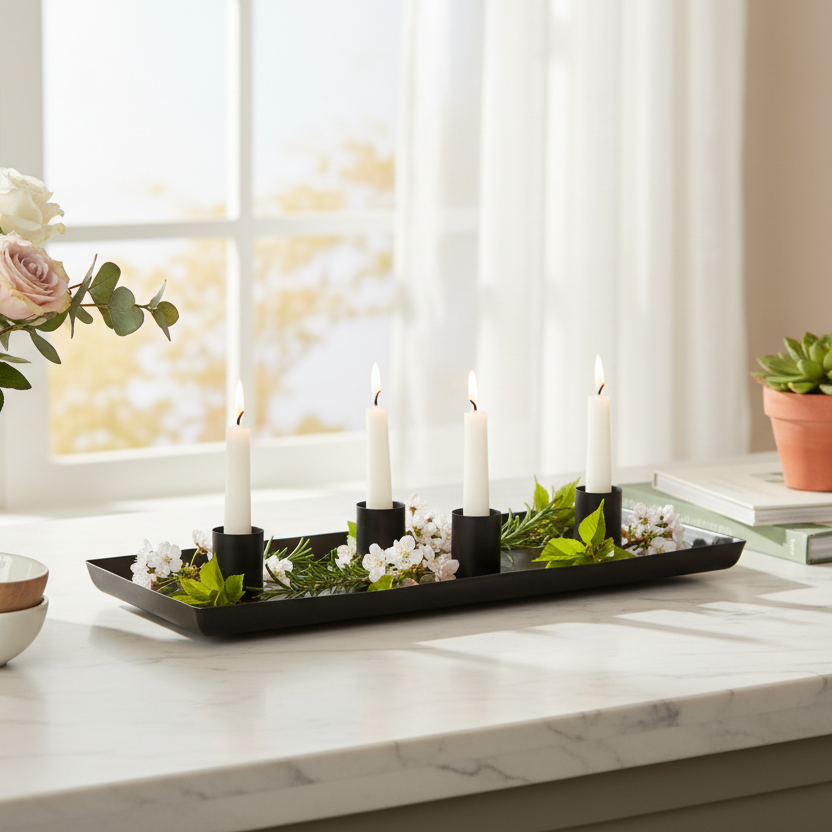 Black 4 Candle Holder Rectangular Dish