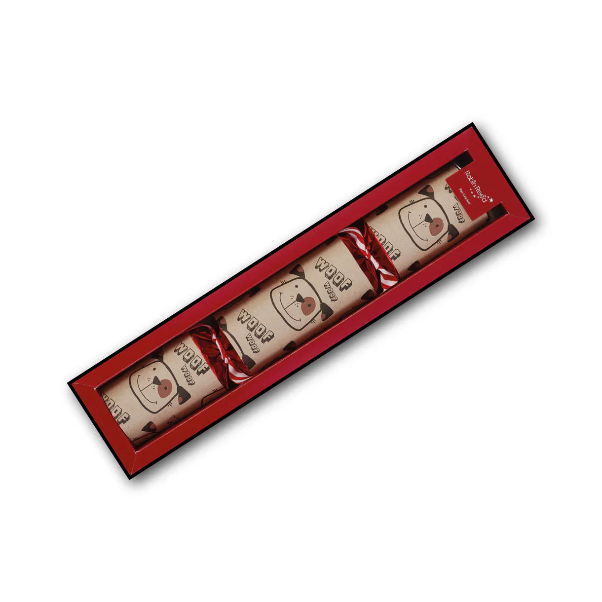 Set of four small bottles with red labels in a red box on a white background