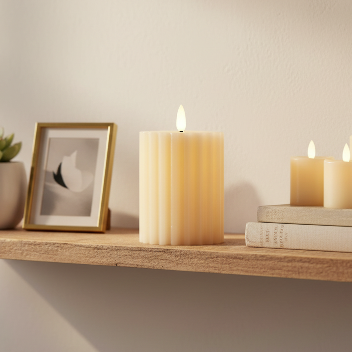 Cream LED Wick Carved Wax Candle with Melted Top 12.3cm x 7.5cm