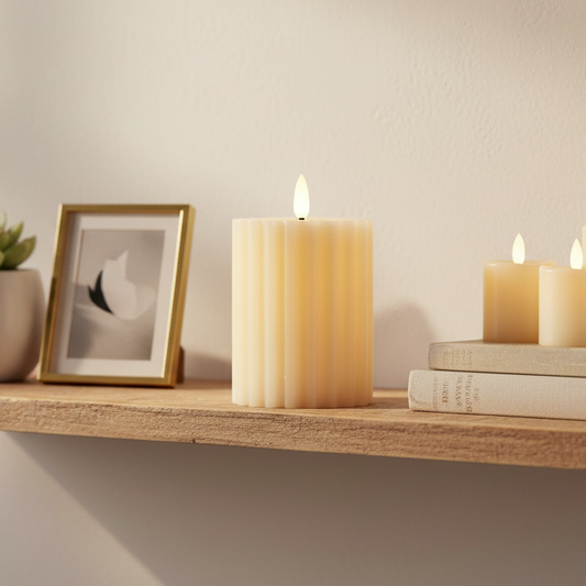 Cream LED Wick Carved Wax Candle with Melted Top 12.3cm x 7.5cm