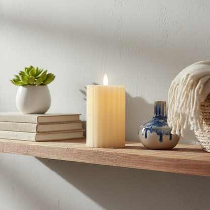 Cream LED Wick Carved Wax Candle with Melted Top 14.8cm x 7.5cm